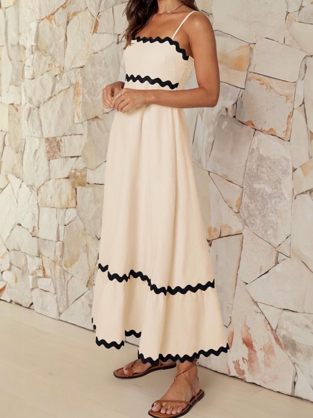 Zesica Cream Maxi Dress with Black Trim — Women's Spaghetti Strap Summer Dress
